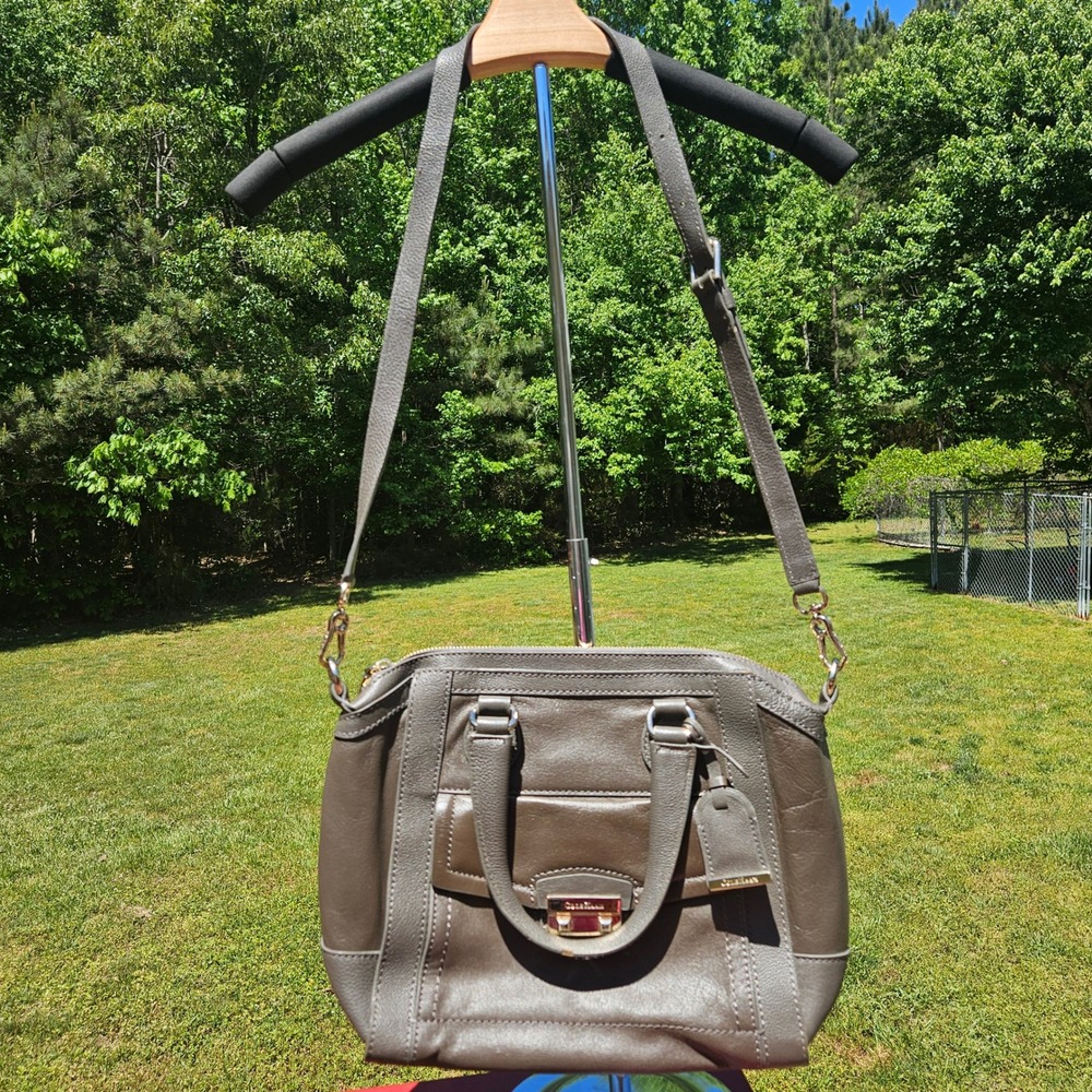 Cole Haan Taupe Leather Satchel Crossbody Bag Gold Hardware Zip Top